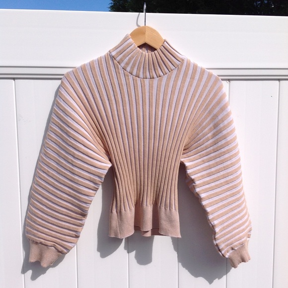 Free People Mad Chill Ribbed Turtleneck Balloon Sleeve Neutral Ivory Cream Tan S - Picture 5 of 9